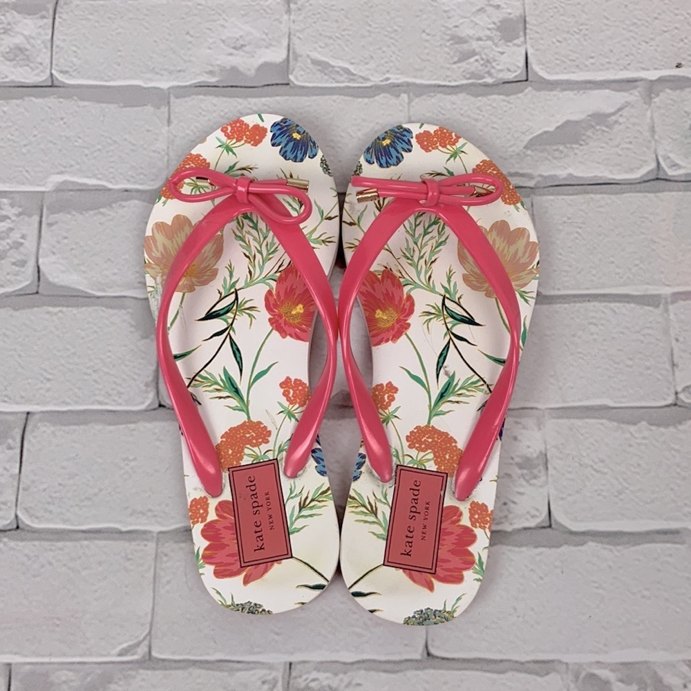 Kate Spade flip Flop Bow Floral Sandals Size 5-6 Pink white - Picture 5 of 11